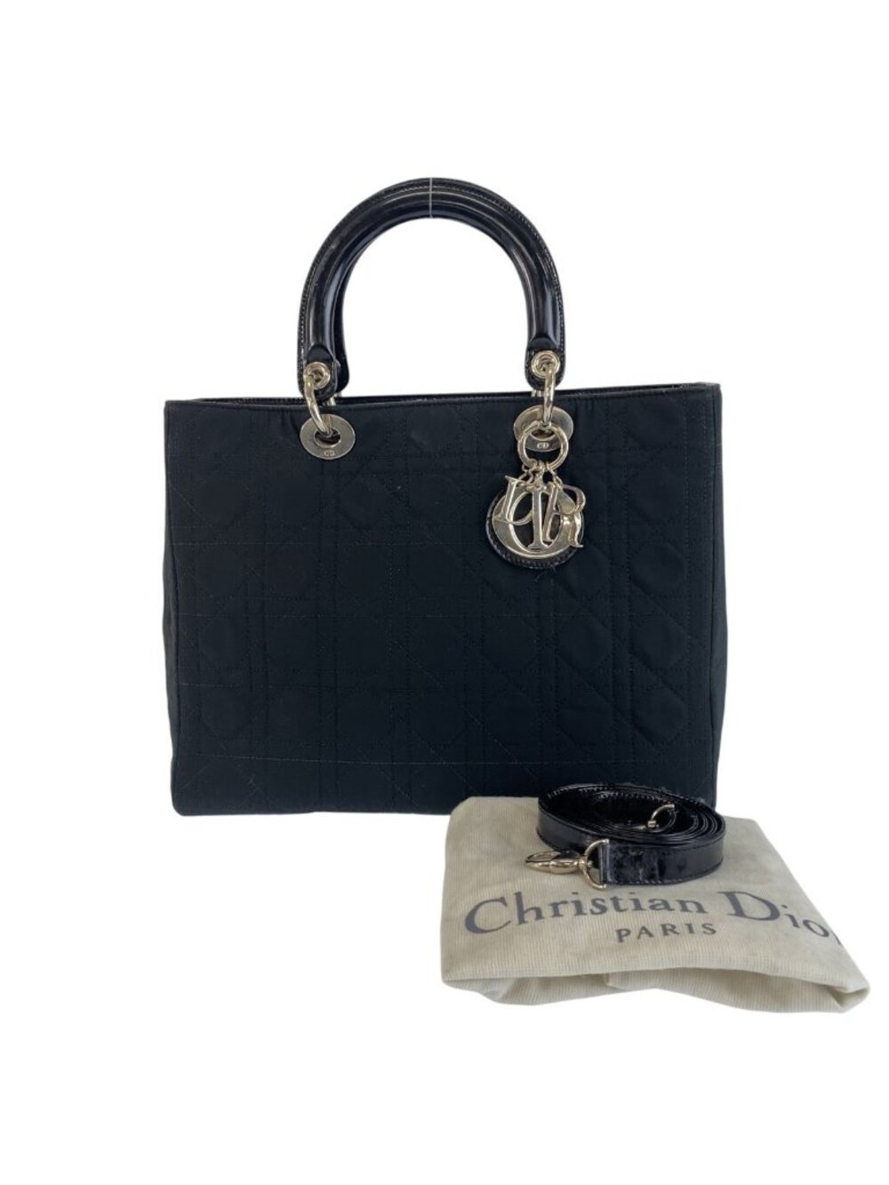 Dior Vintage Cannage Lady Dior Black Canvas Patent Handbag